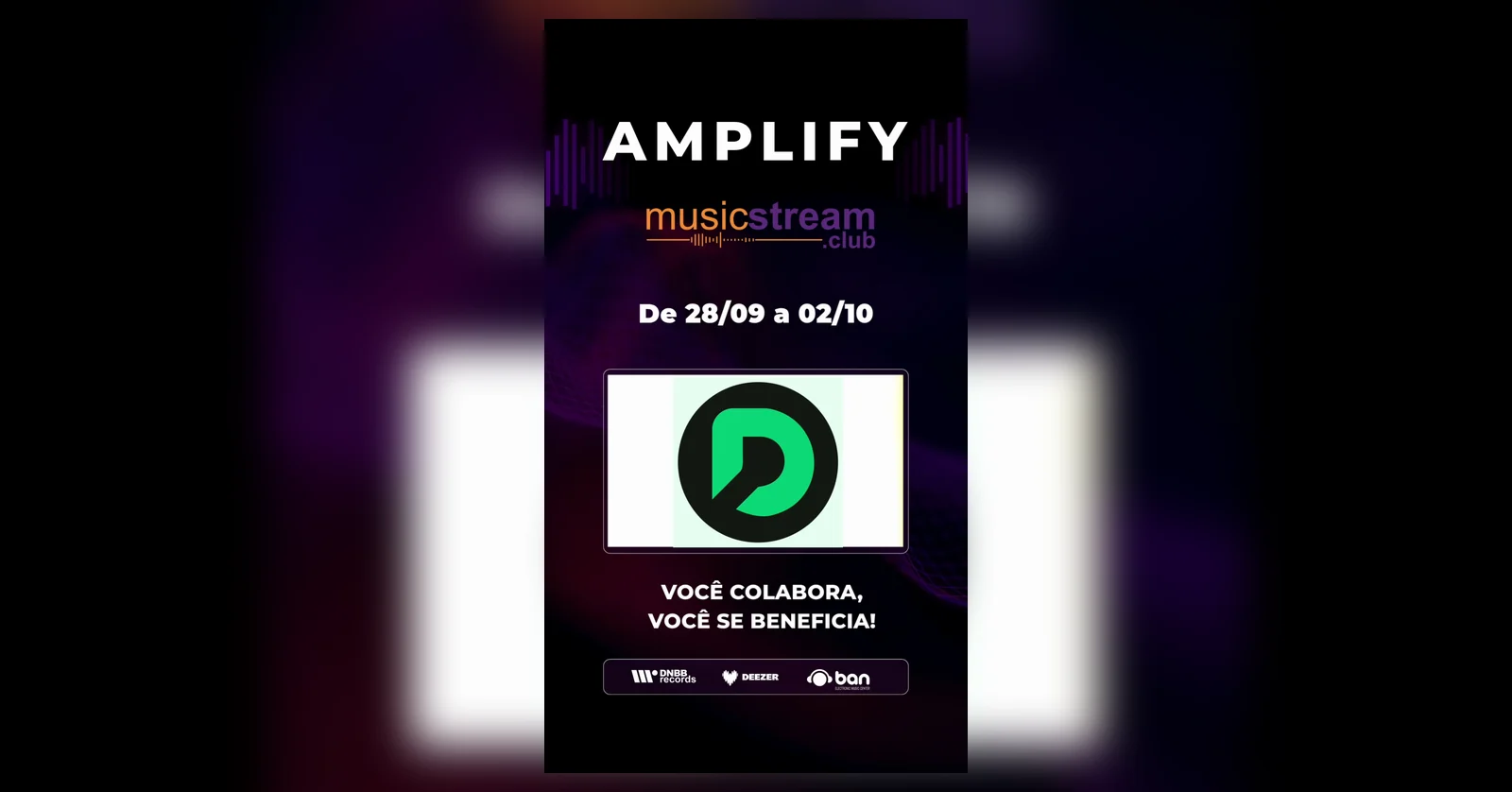 Arte oficial do AMPLIFY com o nome do evento, o logo da musicstream.club, as datas de 28/09 a 02/10 e o D do Doe Dance