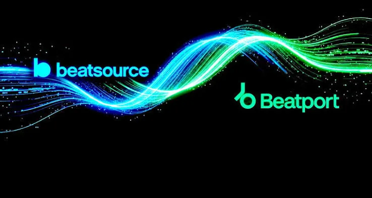 Logos do Beatsource e do Beatport ligados por ondas de luz