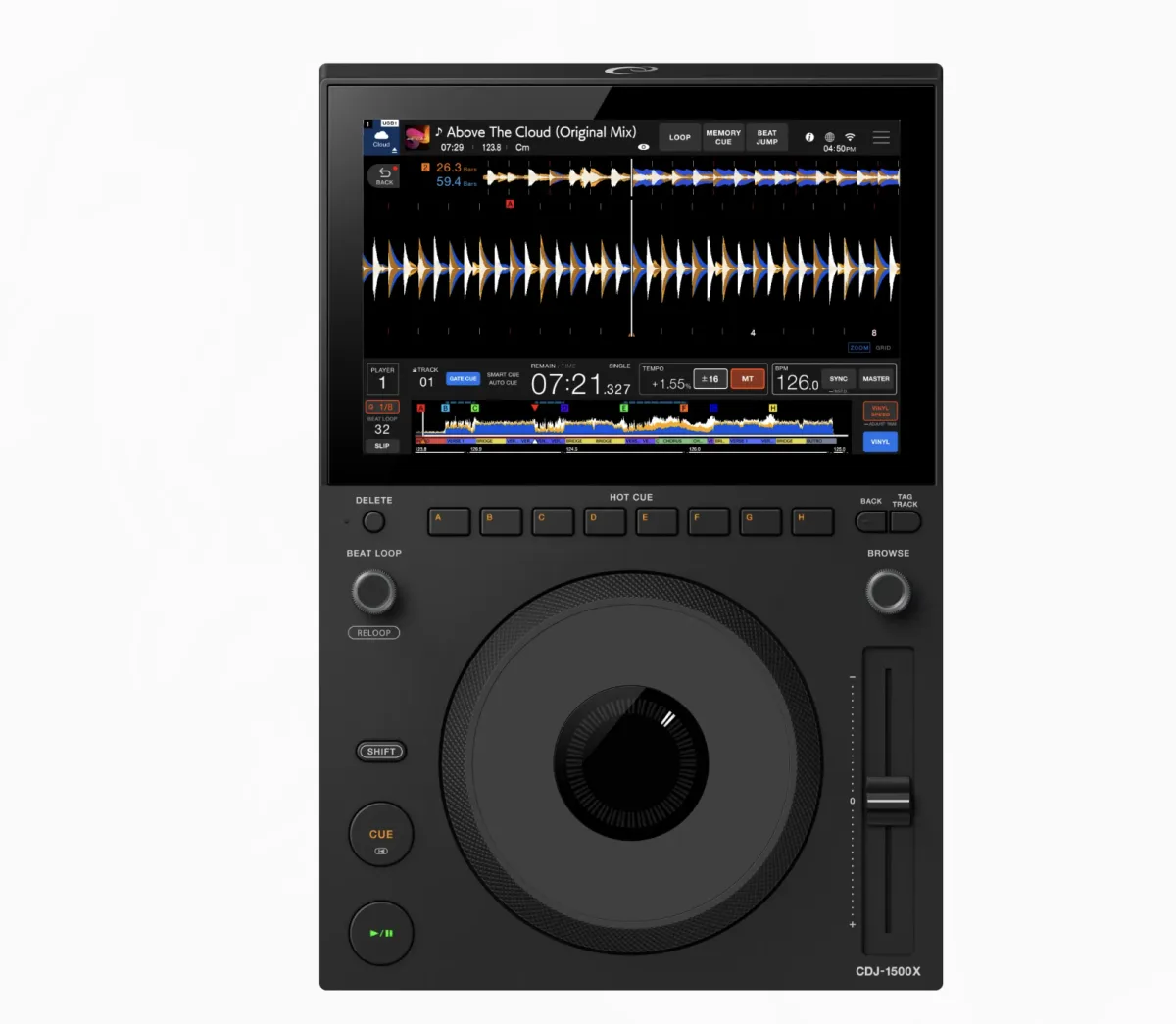 CDJ-1500X visto de cima · tela de 10,1 polegadas, jogwheel, 8 Hot Cues e encoder de loop