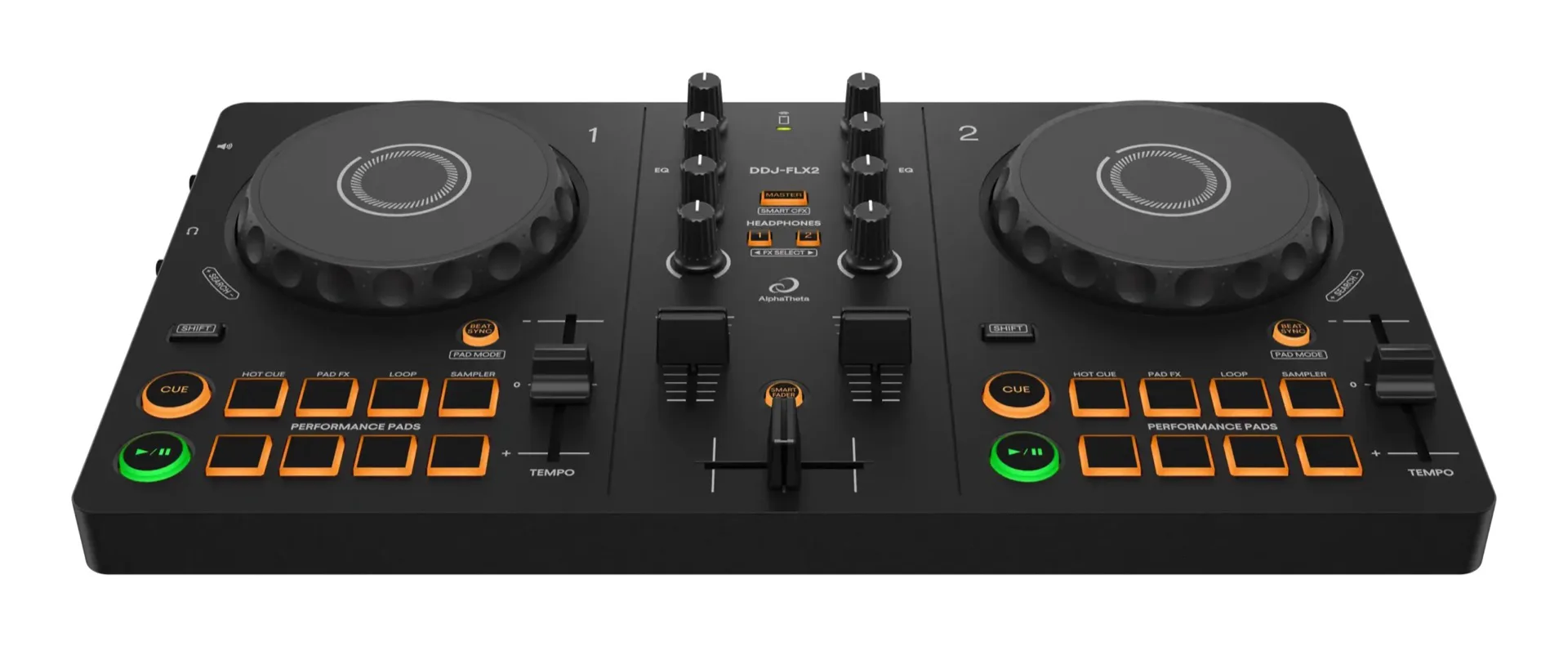 DDJ-FLX2 · Controlador DJ ultra-compacto AlphaTheta · frente em ângulo