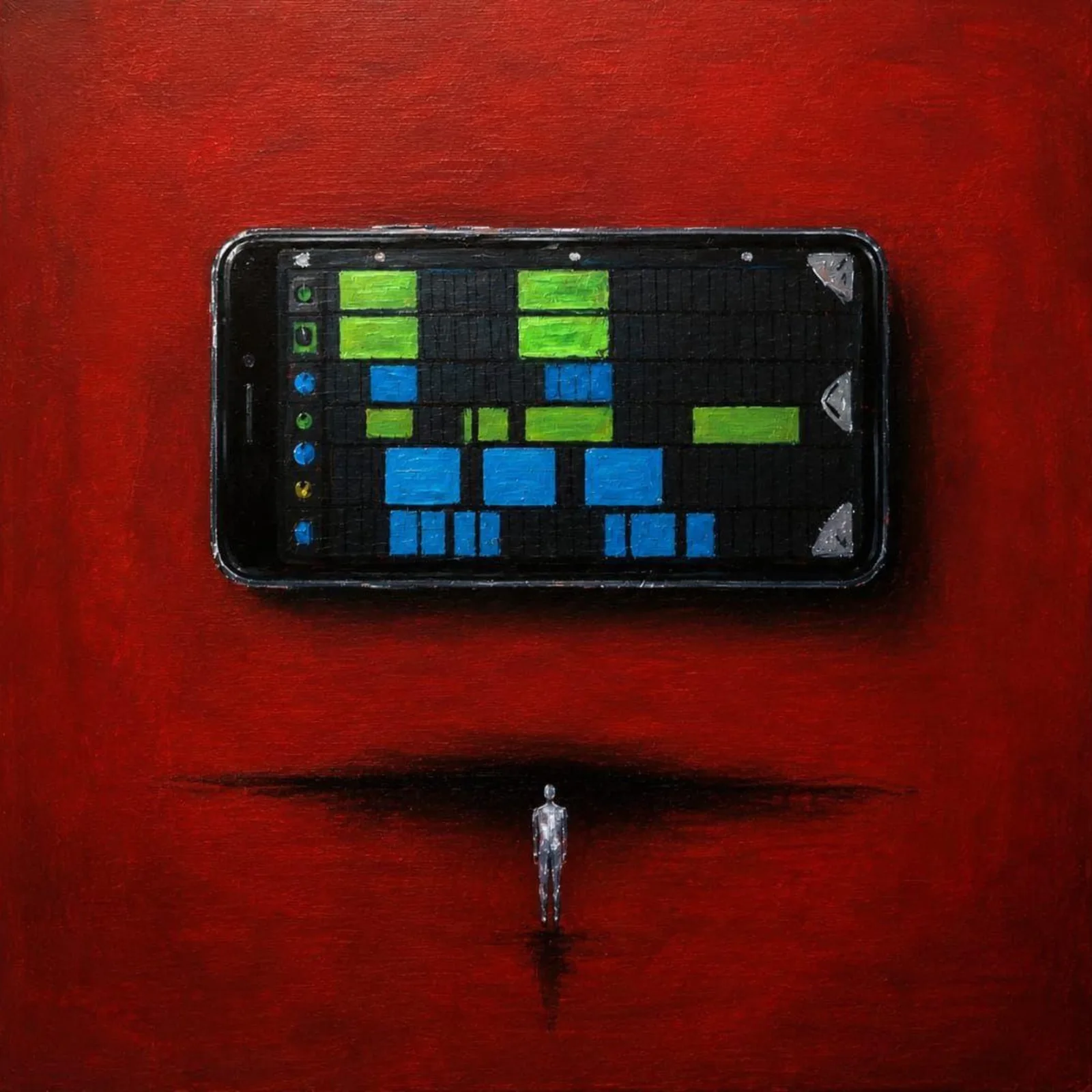Capa do álbum Mobile, de DJ Arana: pintura de um celular deitado exibindo a tela de uma DAW, sobre fundo vermelho