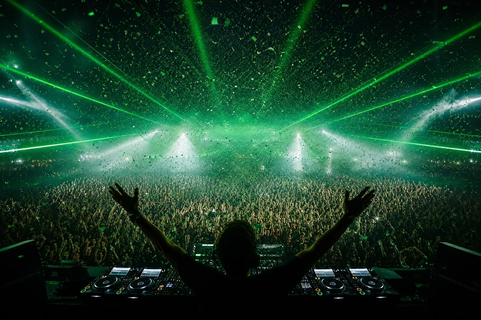 Vista da cabine: DJ de braços abertos diante de uma multidão sob lasers verdes e chuva de confete