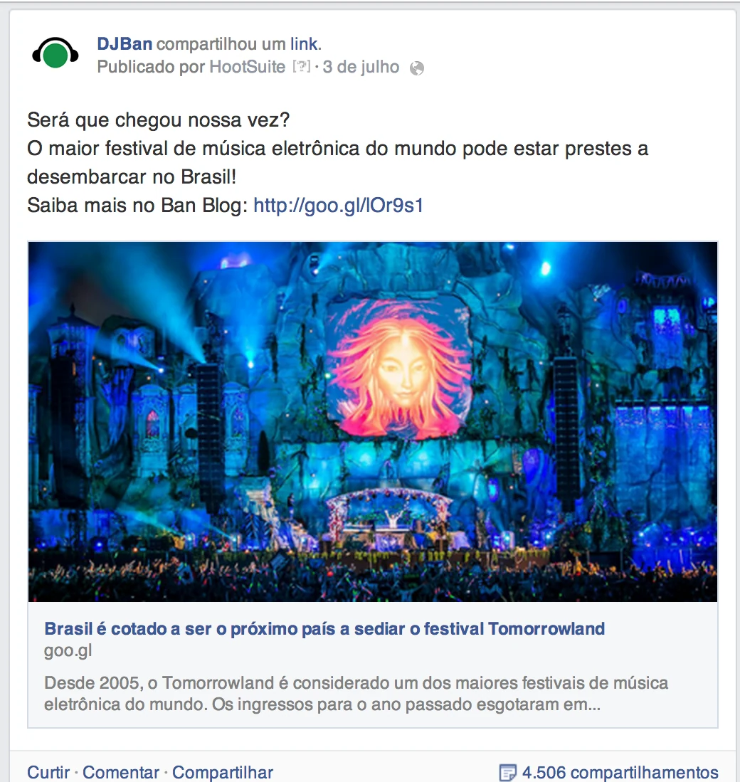 Post do Facebook da DJ Ban de 3 de julho de 2014 anunciando o Tomorrowland no Brasil, com 4.506 compartilhamentos