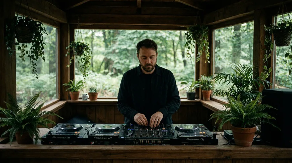 DJ tocando ao ar livre em casa na floresta · Pioneer DJ · Bem-estar e música