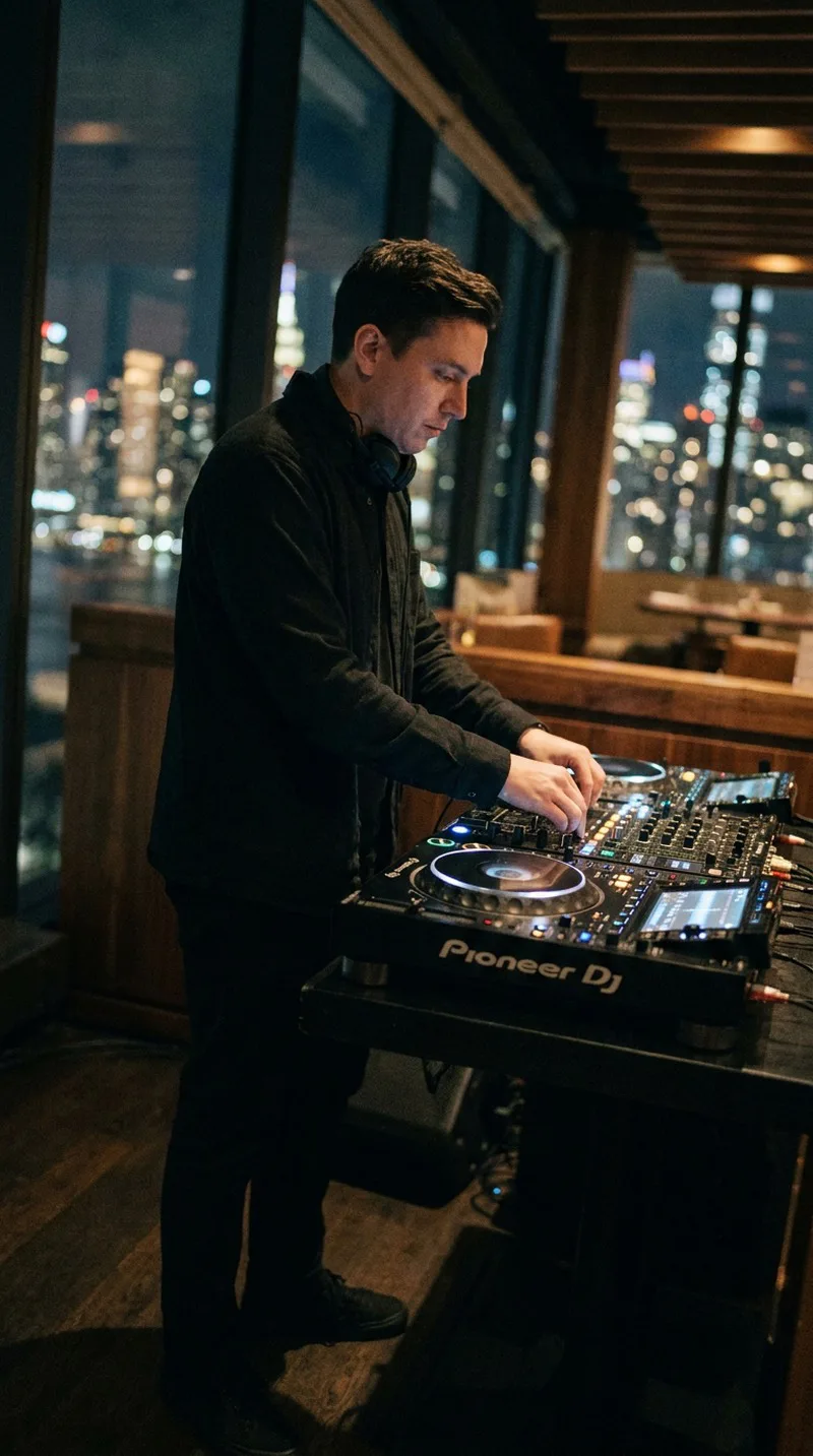 DJ em ambiente sofisticado à noite · Pioneer DJ · A música vai onde você vai