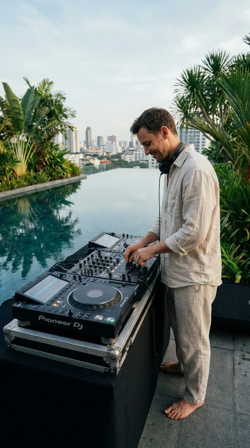 Festa de dia à beira da piscina com a música eletrônica embalando o público