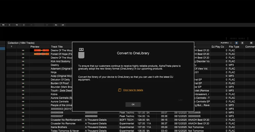 rekordbox · Convert to OneLibrary · novo formato de biblioteca unificado