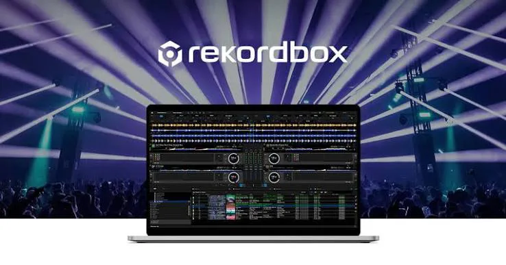 rekordbox aberto num laptop com luzes de festa ao fundo · arte oficial do software