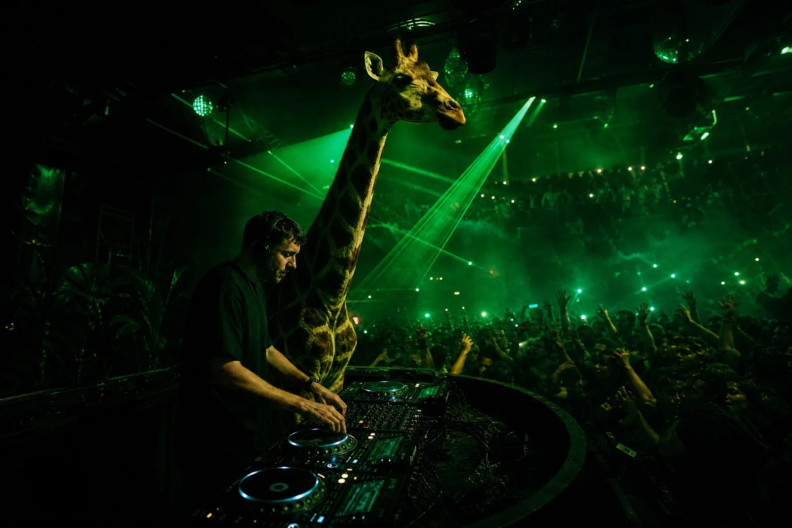 DJ tocando numa cabine de club iluminada de verde, com uma girafa em tamanho real montada ao lado dos players