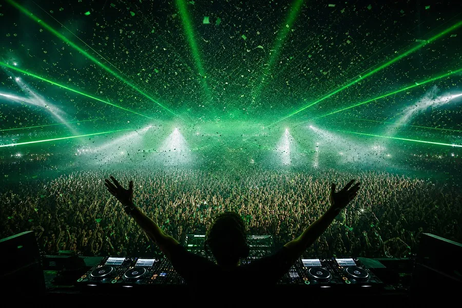 Artista · DJ de braços abertos diante de uma multidão em festival, com lasers verdes e confete