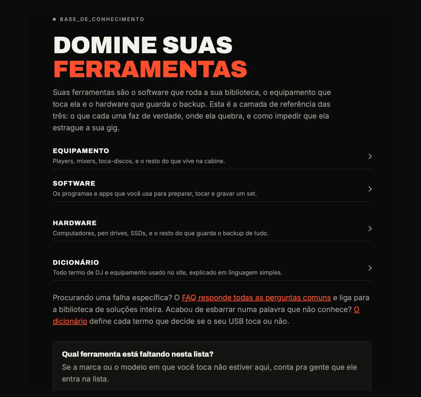 Base de conhecimento do Save My Gig dividida em equipamento, software, hardware e dicionário