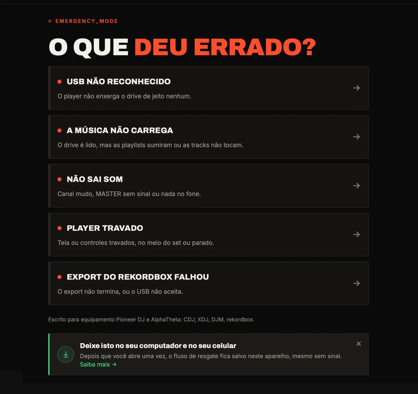 Modo emergência do Save My Gig listando os cinco problemas de cabine, de USB não reconhecido a export do rekordbox falhou