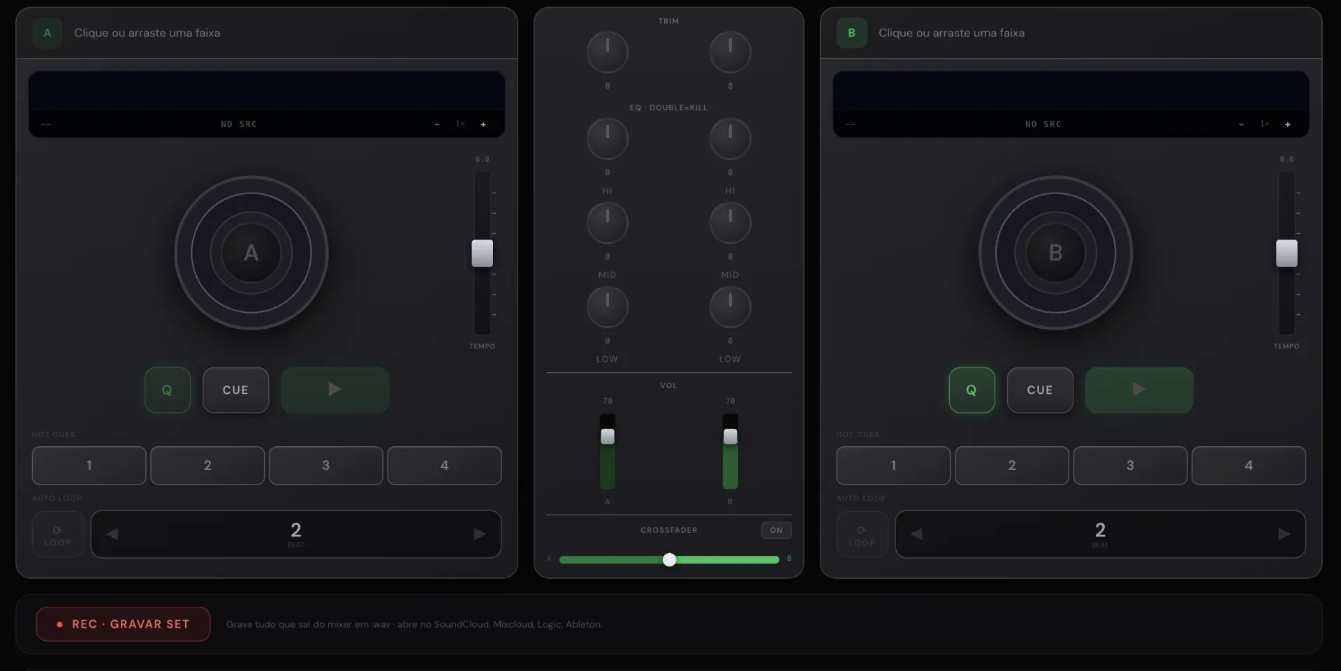 Simulador de DJ online da DJ Ban · dois decks, mixer e crossfader no navegador