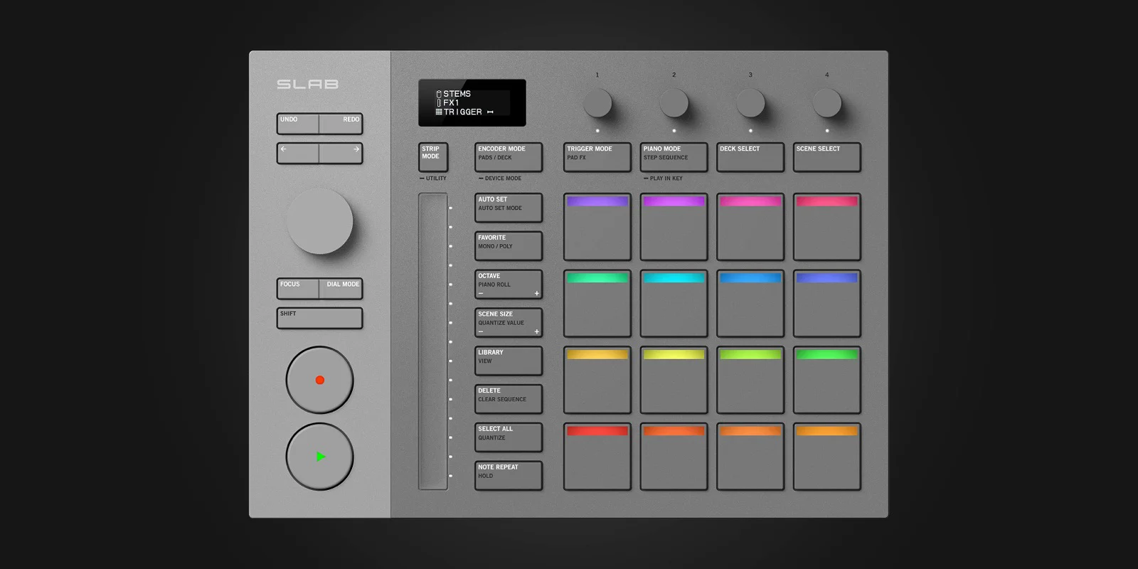 SLAB da AlphaTheta visto de cima: 16 pads coloridos, tela OLED, quatro encoders e a fita touch de 130 mm