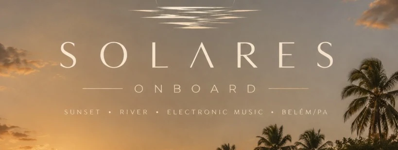 Arte oficial do Solares Onboard, com o nome do festival sobre o pôr do sol no rio e coqueiros em Belém