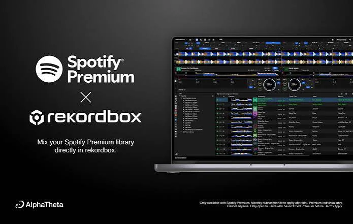 Arte oficial da AlphaTheta · Spotify Premium x rekordbox no laptop