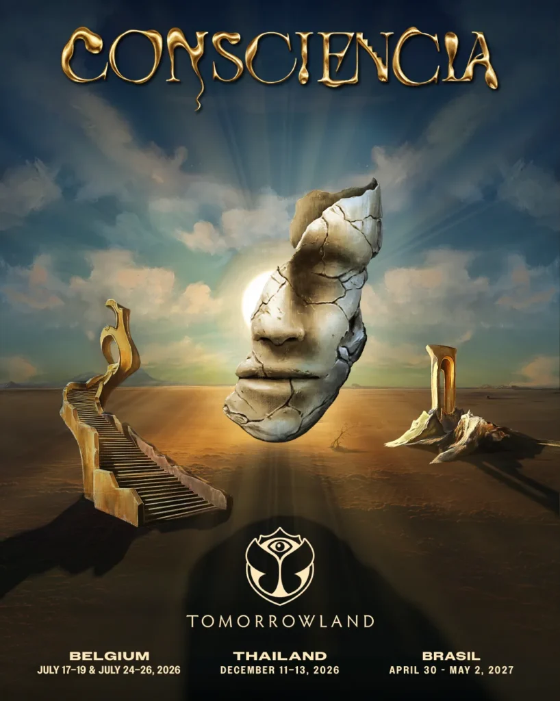 Poster oficial do Tomorrowland 2026 Consciencia · homenagem ao Avicii no festival