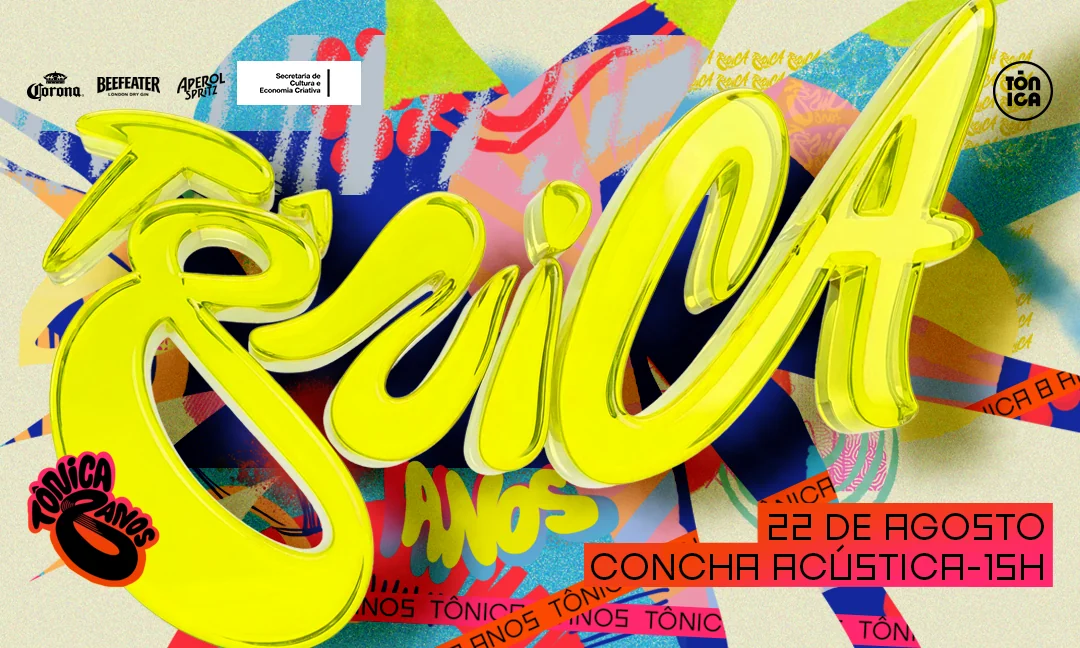 Arte oficial dos 8 anos da Festa Tônica, lettering amarelo sobre colagem colorida, com 22 de agosto e Concha Acústica 15h